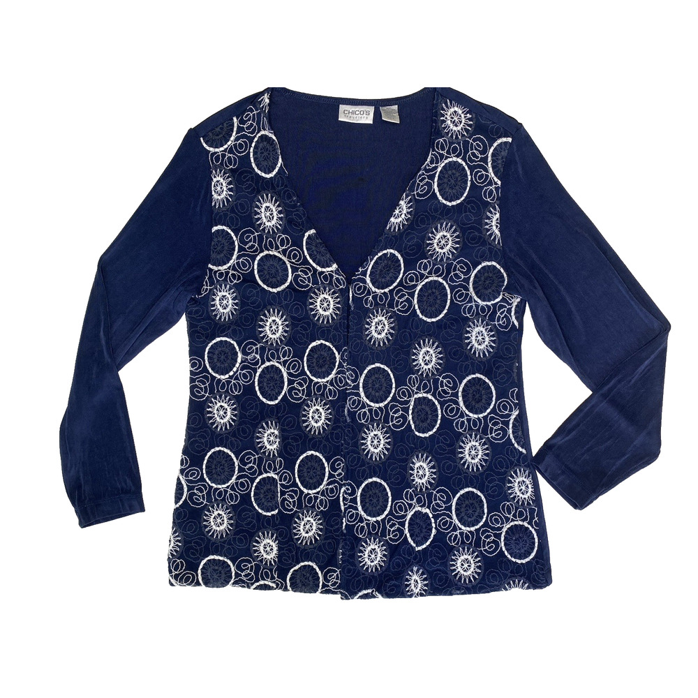 Chicos Travelers Cardigan Size 2 (Large) Navy Blue White Embroidered Long Sleeve